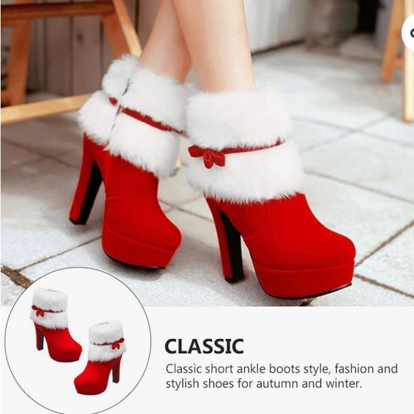 Shoes - Red Women's Winter Fur Ankle Boots Fur Chunky High Heel Santa Booties 10.5